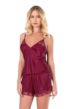 Ayessa Bordo Saten Babydoll Şort Takımı