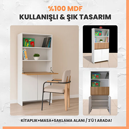 Kitaplıklı ve Açılabilir Çalışma Masalı Çok Amaçlı Ünite | %100 MDF | Yerli Üretim | Fonksiyonel Çocuk ve Genç Odası Tasarımı
