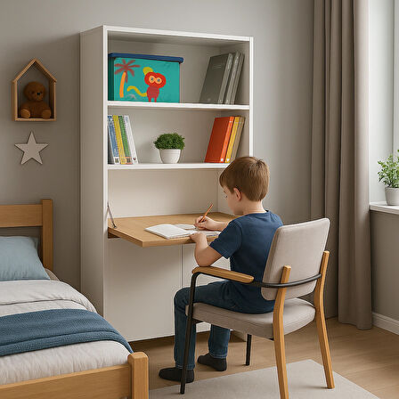 Kitaplıklı ve Açılabilir Çalışma Masalı Çok Amaçlı Ünite | %100 MDF | Yerli Üretim | Fonksiyonel Çocuk ve Genç Odası Tasarımı