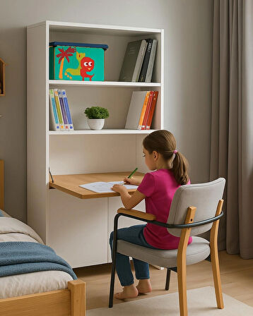 Kitaplıklı ve Açılabilir Çalışma Masalı Çok Amaçlı Ünite | %100 MDF | Yerli Üretim | Fonksiyonel Çocuk ve Genç Odası Tasarımı