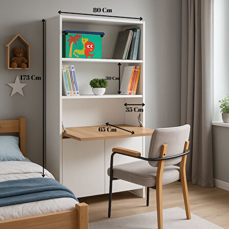 Kitaplıklı ve Açılabilir Çalışma Masalı Çok Amaçlı Ünite | %100 MDF | Yerli Üretim | Fonksiyonel Çocuk ve Genç Odası Tasarımı