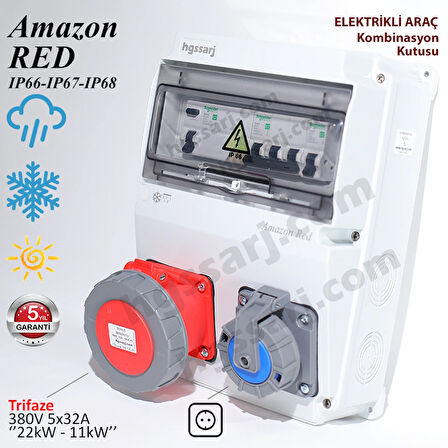Amazon RED, IP66-IP67-IP68, Trifaze Elektrikli Araç Kombinasyon Kutusu, 5x32A + 1x16A -Sigorta Markası Seçeneği - 5 Yıl Garanti