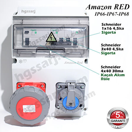 Amazon RED, IP66-IP67-IP68, Trifaze Elektrikli Araç Kombinasyon Kutusu, 5x32A + 1x16A -Sigorta Markası Seçeneği - 5 Yıl Garanti