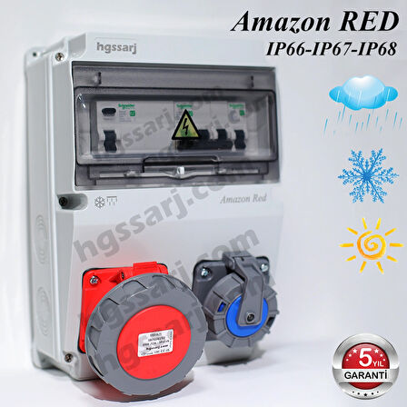 Amazon RED, IP66-IP67-IP68, Trifaze Elektrikli Araç Kombinasyon Kutusu, 5x32A + 1x16A -Sigorta Markası Seçeneği - 5 Yıl Garanti
