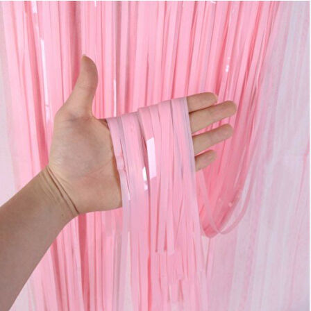 METALİZE DOĞUM GÜNÜ, PARTİ ARKA FON PERDE PEMBE PÜSKÜLLÜ 90x200