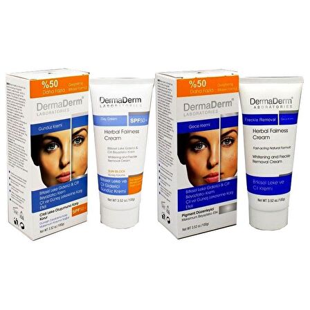 Dermaderm Tüm Cilt Tipleri İçin Leke Karşıtı SPF 50 Gündüz Leke Kremi & Gece Kremi  2x100 ml 