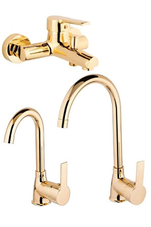 Gold Altın Mutfak Eviye, Lavabo Ve Banyo Bataryası Musluğu Çeşmesi Çift Su Girişli 3'lü Set