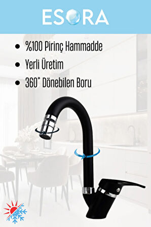 Siyah Baston Borulu Mix Lavabo Bataryası Çift Su Girişli Perletörlü Musluk Çeşme 2 Yıl Garanti