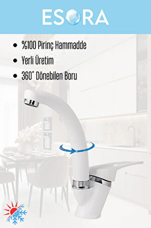 Beyaz Krom Mix Lavabo Bataryası Çift Su Grişli Çeşme Banyo Musluğu Mutfak Çeşmesi 2 Yıl Garantili
