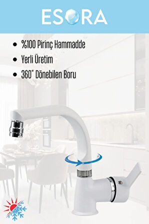 Beyaz Balık Sırtı Delta Lavabo Bataryası Oynar Başlıklı Çift Su Girişli Lavabo Musluğu Çeşme