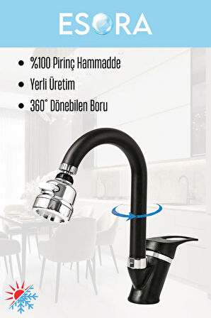 Siyah Krom Baston Lavabo Bataryası Filtreli Oynar Başlıklı Banyo Musluğu Çeşmesi Çift Su Girişli