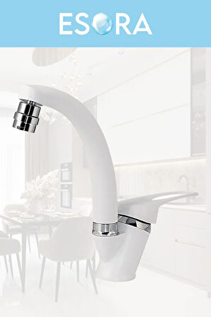 Beyaz Krom Mix Oynar Başlıklı Lavabo Bataryası Çift Su Grişli Çeşme Banyo Musluğu Mutfak Çeşmesi