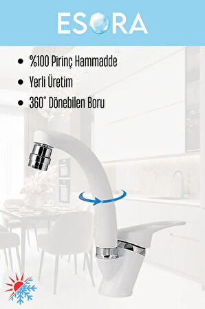Beyaz Krom Mix Oynar Başlıklı Lavabo Bataryası Çift Su Grişli Çeşme Banyo Musluğu Mutfak Çeşmesi