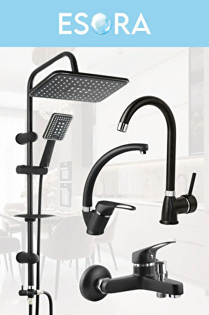 Siyah Robot Duş Seti Baston Borulu Eviye, Mix Lavabo ve Banyo Bataryası 4lü Set