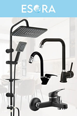 Siyah Robot Duş Set Köşe Borulu Eviye, Baston Borulu Lavabo ve Banyo Bataryası 4lü Set
