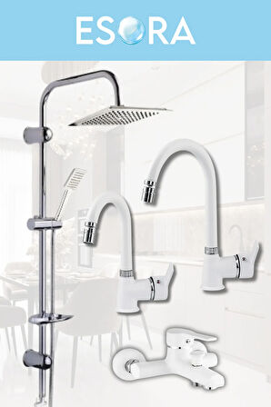 Krom Dubai Robot Duş Seti , Beyaz Delta Eviye , Lavabo , Banyo Bataryası 4’lü Set