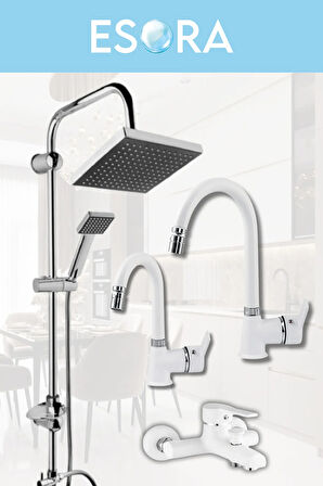 Krom Siyah Tepe Yağmurlama, Beyaz Delta Banyo-mutfak-lavabo Bataryası Musluğu Çeşmesi 4'lü Set