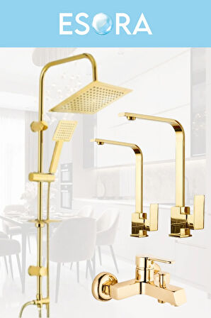 Gold Kare Robot Duş Seti, Kare Banyo, Mutfak Eviye Ve Lavabo Bataryası Musluğu 4'lü Set