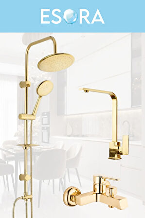 Gold Yuvarlak Robot Duş Seti, Kare Banyo, Lavabo Bataryası Musluğu 3'lü Set
