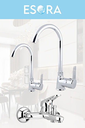 Krom Baston Borulu Eviye Mutfak , Lavabo , Banyo Bataryası 3'lü Set