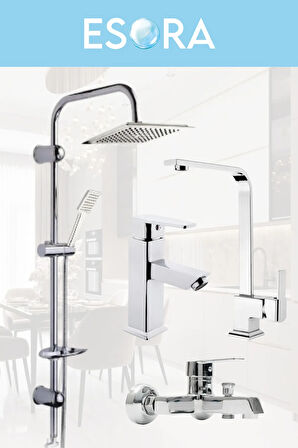 Dubai Krom Robot Duş Seti , Krom Lüx Kare Eviye , Sabit Lavabo , Banyo Bataryası 4’lü Set