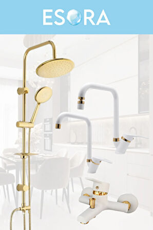 Gold Yuvarlak Robot Duş Seti , Beyaz Gold Köşe Borulu Eviye , Lavabo , Banyo Bataryası 4’lü Set