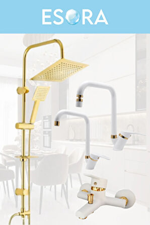 Gold Kare Robot Duş Seti , Beyaz Gold Köşe Borulu Eviye , Lavabo , Banyo Bataryası 4’lü Set