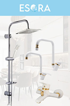 Dubai Krom Robot Duş Seti , Beyaz Gold Köşe Borulu Eviye , Lavabo , Banyo Bataryası 4’lü Set