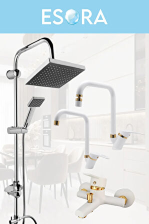 Krom Siyah Robot Duş Seti , Beyaz Gold Köşe Borulu Eviye , Lavabo , Banyo Bataryası 4’lü Set