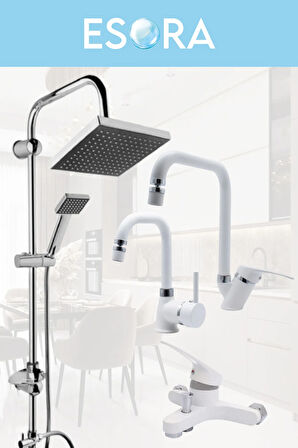 Krom Siyah Robot Duş Seti , Beyaz Köşe Borulu Eviye , Lavabo , Banyo Bataryası 4’lü Set