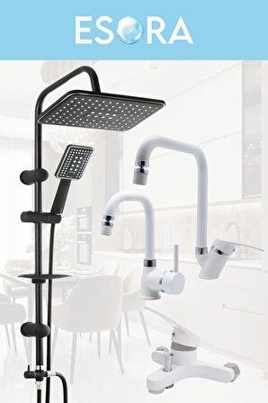 Siyah Robot Duş Seti , Beyaz Köşe Borulu Eviye , Lavabo , Banyo Bataryası 4’lü Set