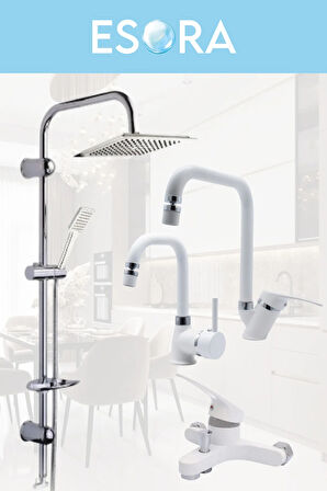 Dubai Krom Robot Duş Seti , Beyaz Köşe Borulu Eviye , Lavabo , Banyo Bataryası 4’lü Set