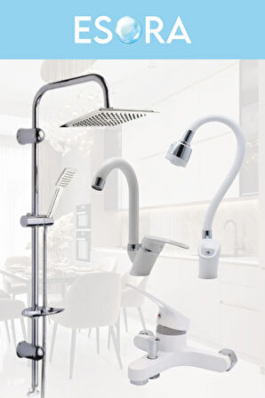 Dubai Krom Robot Duş Seti , Beyaz Oynar Borulu Eviye , Baston Lavabo , Banyo Bataryası 4’lü Set