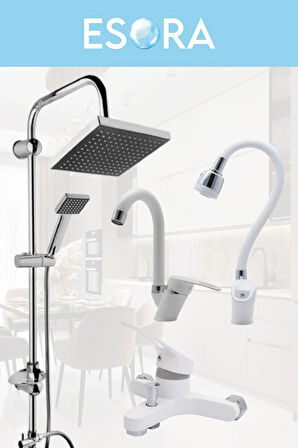 Krom Siyah Robot Duş Seti , Beyaz Oynar Borulu Eviye , Baston Lavabo , Banyo Bataryası 4’lü Set