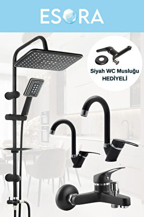 Siyah Robot Duş Seti  Banyo Bataryası 4’lü Set + WC Musluğu