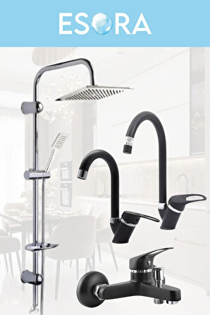 Krom Dubai Robot Duş Seti , Siyah Krom Mix Eviye , Lavabo , Banyo Bataryası 4’lü Set