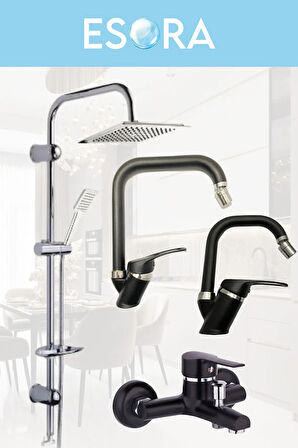 Krom Dubai Robot Duş Seti , Siyah Krom Oynar Uçlu Eviye , Lavabo , Banyo Bataryası 4’lü Set