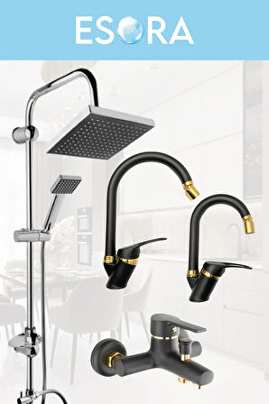 Krom Siyah Robot Duş Seti , Siyah Gold Oynar Uçlu Eviye , Lavabo , Banyo Bataryası 4’lü Set