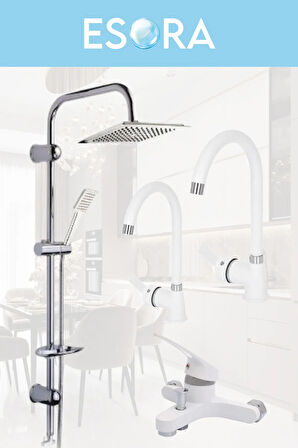 Krom Dubai Robot Duş Seti , Beyaz Krom Delta Eviye , Lavabo , Banyo Bataryası 4’lü Set