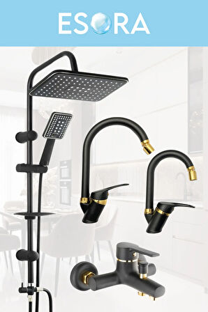 Siyah Robot Duş Seti , Siyah Gold Oynar Uçlu Eviye , Lavabo , Banyo Bataryası 4’lü Set
