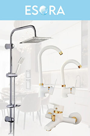 Krom Dubai Robot Duş Seti , Beyaz Gold Delta Eviye , Lavabo , Banyo Bataryası 4’lü Set