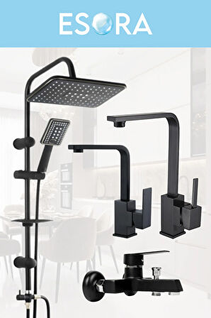 Siyah Lüx Robot Duş Seti , Lüx Kare Eviye , Lavabo , Banyo Bataryası 4’lü Set