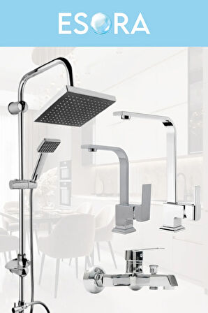 Krom Robot Duş Seti , Lüx Kare Eviye , Lavabo , Banyo Bataryası 4’lü Set