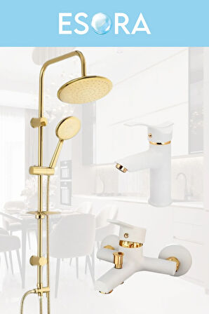 Gold Yuvarlak Robot Duş Seti , Beyaz Gold Sabit Lavabo , Banyo Bataryası 3’lü Set