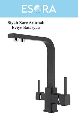 Siyah Arıtmalı Kare Eviye L Boru Mutfak Bataryası (Sıcak Soğuk Girişli, Pirinç Malzeme)