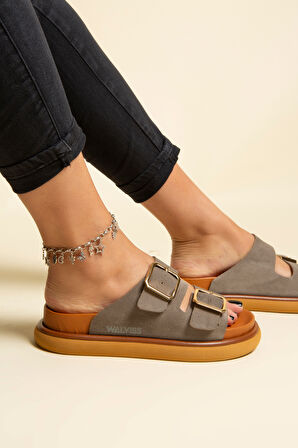 Walviss Arandis Kadın Hakiki Süet Deri Toka Ayarlı Füme Terlik