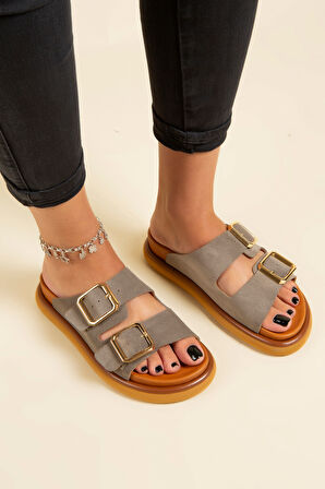 Walviss Arandis Kadın Hakiki Süet Deri Toka Ayarlı Füme Terlik