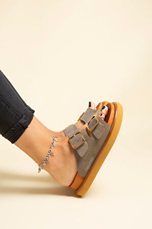 Walviss Arandis Kadın Hakiki Süet Deri Toka Ayarlı Füme Terlik