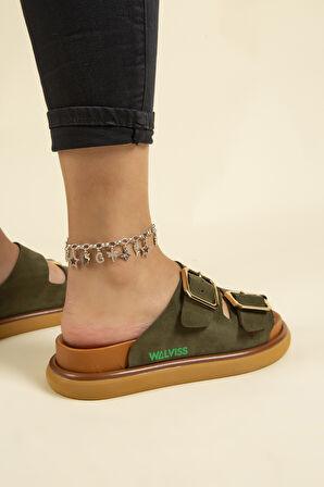 Walviss Arandis Kadın Hakiki Süet Deri Toka Ayarlı Haki Terlik