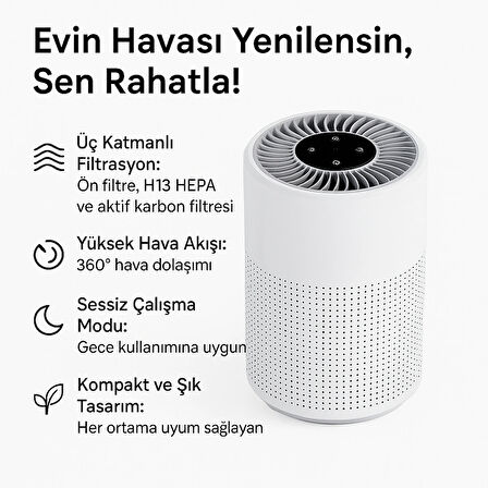 H13 HEPA Filtreli Sessiz Kompakt Hava Temizleyici – Üç Katmanlı Filtrasyon